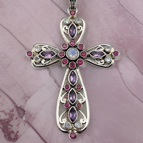 ✝️NICKY BUTLER 925 Sterling Silver Rainbow Moonstone Amethyst Cross Necklace NEW - Picture 9 of 10